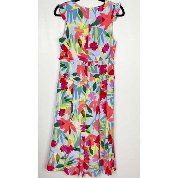 Nicole Miller Small Blue Pink Floral Oasis Silk Ruffle Midi Dress VNeck Cocktail - Picture 2 of 12